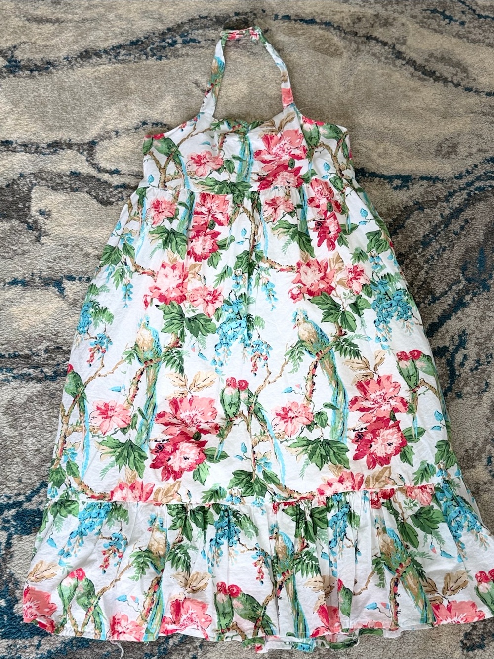 Janie and Jack White Halter Dress with Pink Floral & Green Leaves